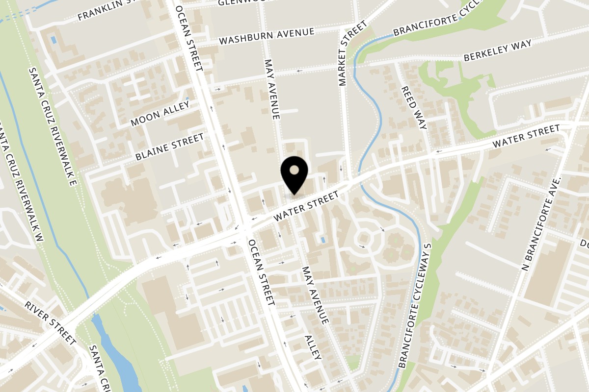 Map showing the location of The Water Street Grill on 503 Water Street in Santa Cruz